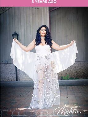 Mishka White Sheer Floral Appliqué Gown with Cape Sleeves